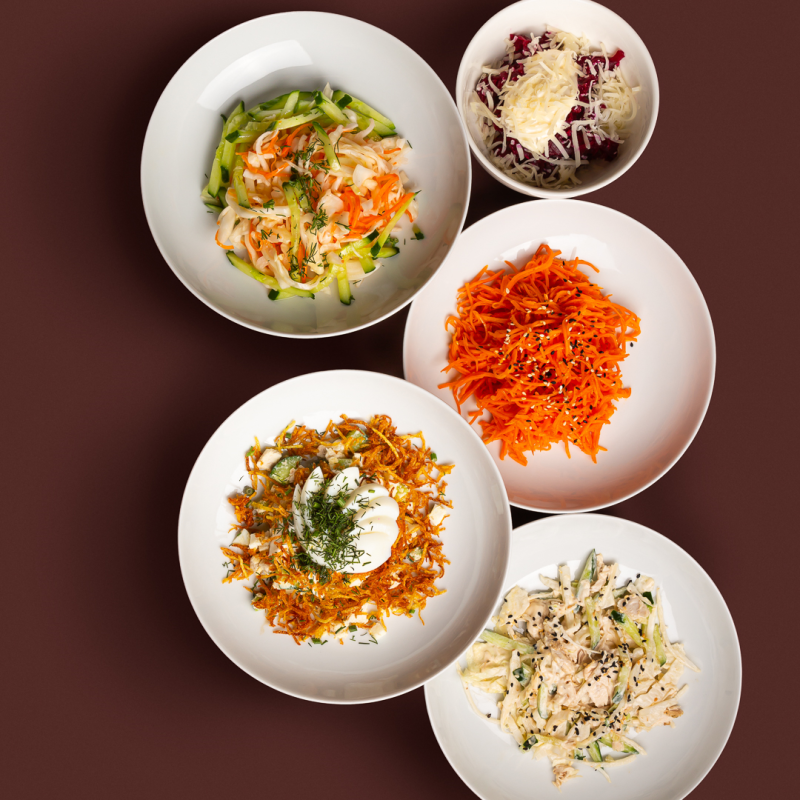 5 салатов Акция (Гнездо, Свекольный, Морковь по-корейс, Витамин, С курицей)